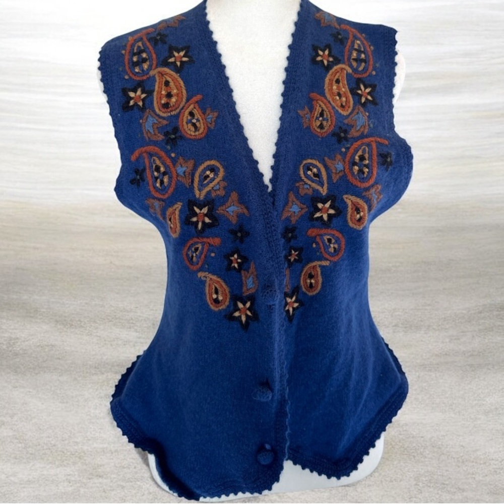 Vintage Sweater Vest Womens Small Koret Embroidered Boho Wool Angora Blue - Picture 1 of 8